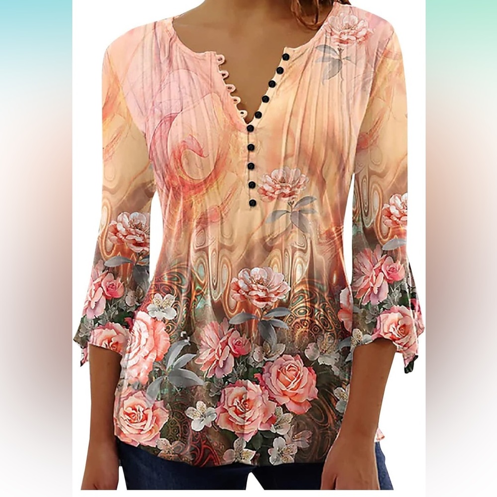 Floral Print V-Neck 3/4 Bell Sleeve Bohemian Blouse
